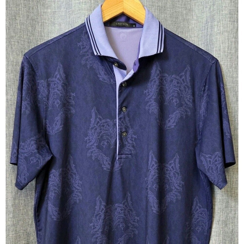 UNIQUE Greyson Performance Golf Polo Men’s M Wolf Head Pattern Navyish-Purple